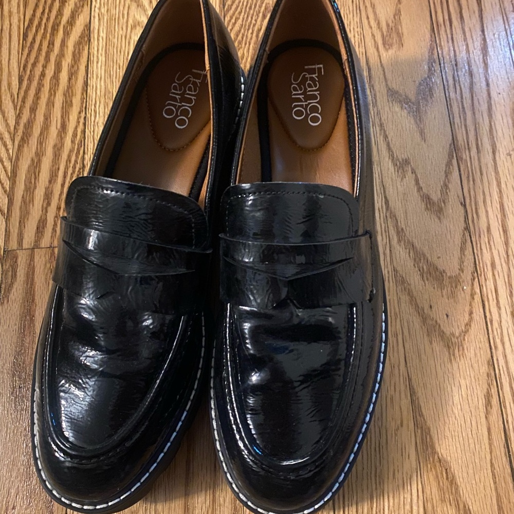 Franco Sarto Black Patent Leather Slip-On Penny Loafers
